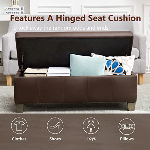 Image of 41 inch Storage Ottoman, Storage Bench with Safety Hinge, Upholstered Synthetic Leather Ottoman Bench for Bedroom, Living Room, Entryway, Hallway, Foot Rest, Support 500lbs, Brown