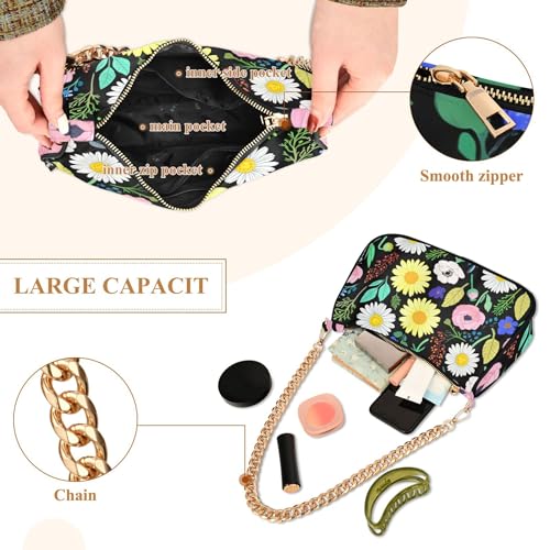 Colorful Spring Flowers Black Moon Purse Hobo Bags Women Medium Handbag Tote Formal Print Shoulder Purses Zipper Closure4