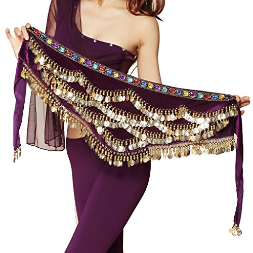 Wuchieal Women's Triangular Belly Dancing Hip Scarf Wrap Skirt with Gold Coins Purple