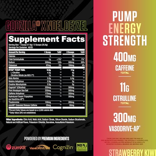 ryse godzilla x noel deyzel pre workout powder - strawberry kiwi - 400mg caffeine high stim pre-workout for men amp women with citrulline amp beta alanine - energy pump amp focus - 2040 servings