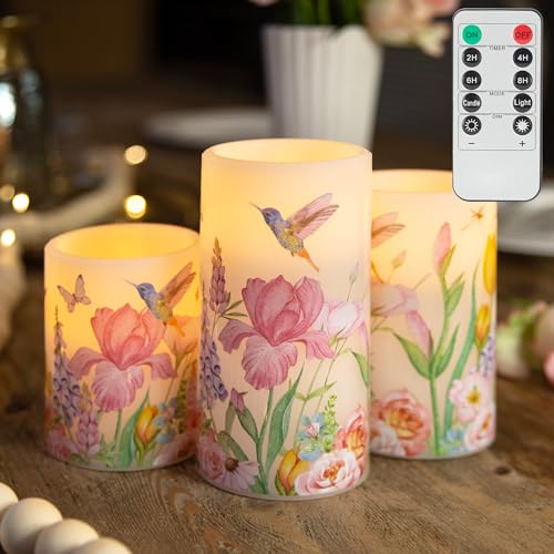 Image of LUSHARBOR Flameless Candles with Remote, Battery Operated Candles Real Wax Hummingbird Flickering LED Candles Floral Christmas Decor Electric Pillar Candles Set of 3