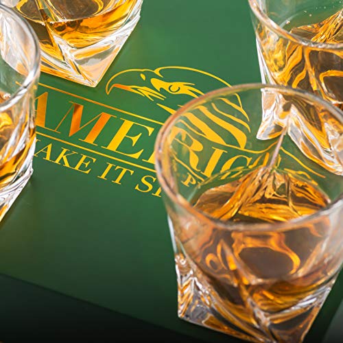 Amerigo Premium Whiskey Glass Set of 4 in Luxury Gift Box - Twist Whiskey Glasses 10oz for Scotch, Bourbon & Old Fashioned Cocktails - Whisky Gift for Men - Glass Tumblers - Fathers Day Gift - Bar Set