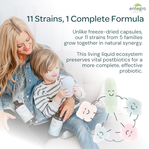 Image of ENTEGRO Flourish Junior Liquid Probiotic & Postbiotic Supplement with Spoon - Plastic | 11 Live Cultures | Gut & Digestive Health for Women, Men & Kids | Vegan & Gluten Free | USA Made | 16 fl oz
