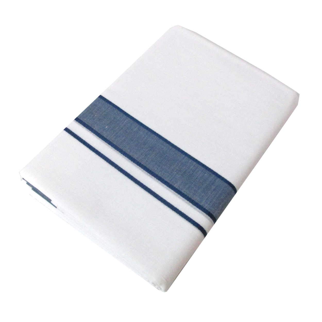 KITEX Samrat Plus Light White Men's Double Dhoti Kerala Munde 100% Pure Cotton - Temple Wear With Dark Blue Colour Border