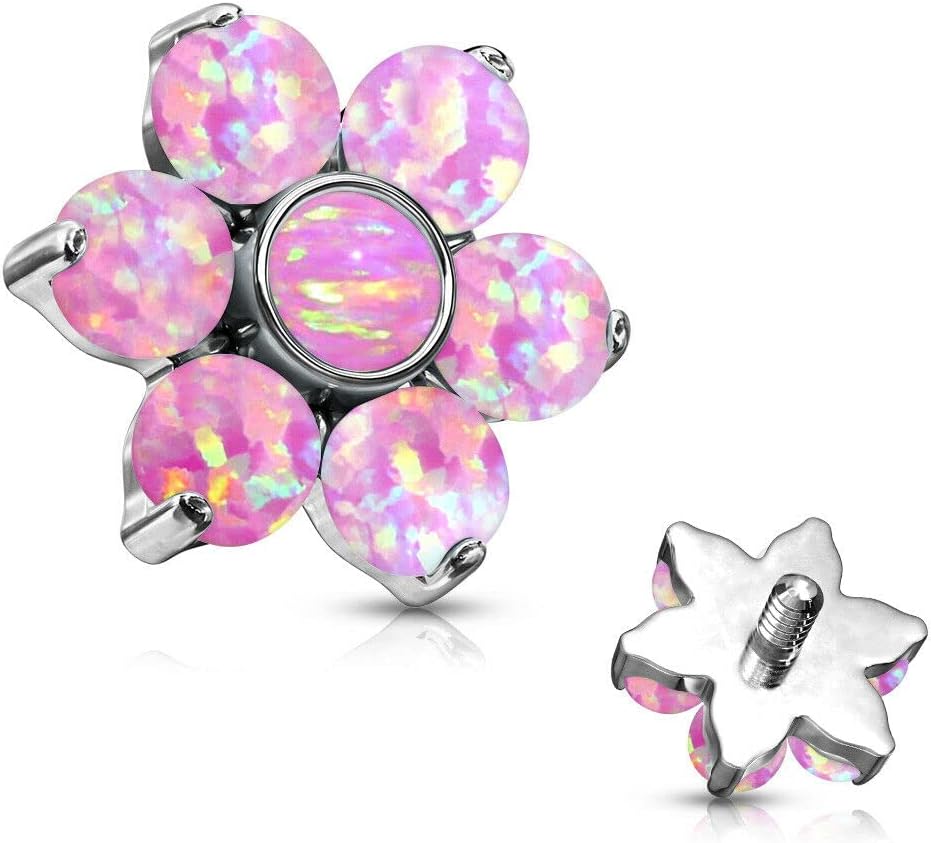 6 MM Opal Prong Set Flower Set Internal Threaded Dermal Anchor Tops 16G (1.2mm) - Pink