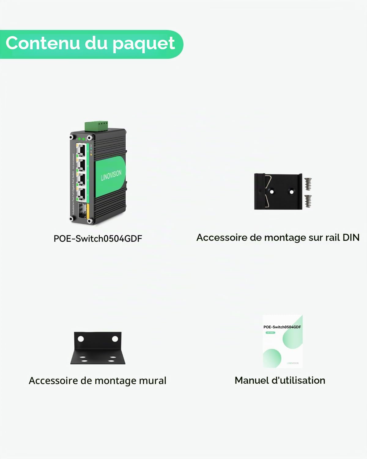 LINOVISION Switch PoE solaire industriel 4 ports Gigabit avec entrée d’alimentation redondante DC9～57V, Switch PoE 12V avec uplink SFP, conforme aux IEEE802.3af/at pour systèmes solaires/RV/phone VoIP