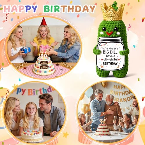 MAMAGIFTREE Birthday Gifts for Women Men Crochet Pickle, Funny Dill Pickle Plush with Crown and Card, Cute Birthday Desk Decor for Mom Dad Coworkers Friends — view 4