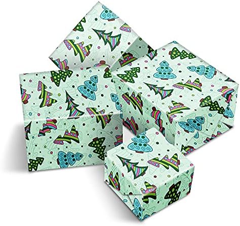 4 x Large Wrapping Paper Sheets - Green & Blue Christmas Trees - Tree Elf Kids Boys Girls Secret Santa Gift Wrap #170632