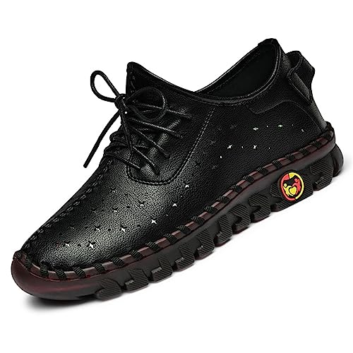 Image of Women'S Hollow Leather Lace Up Flat Loafers,Lightweight Breathable Casual Comfort Non-Slip Walking Shoes Handmade Beef Tendon Soft Sole Mom Nurse Shoes