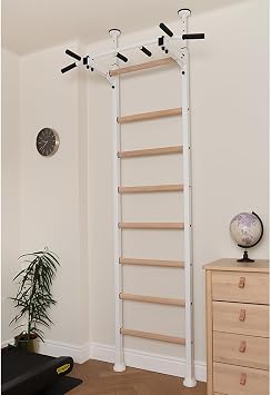 521W Wallbars, Stall Bars, Swedish Ladder, Gymnastic Ladder with Fixed Steel 6-Grip Pull Up Bar, Floor to Ceiling or Wall Mounting for Suspension Training and Stretching, Home, Gym
