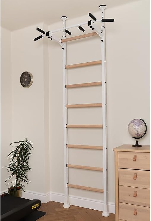 521W Wallbars, Stall Bars, Swedish Ladder, Gymnastic Ladder with Fixed Steel 6-Grip Pull Up Bar, Floor to Ceiling or Wall Mounting for Suspension Training and Stretching, Home, Gym
