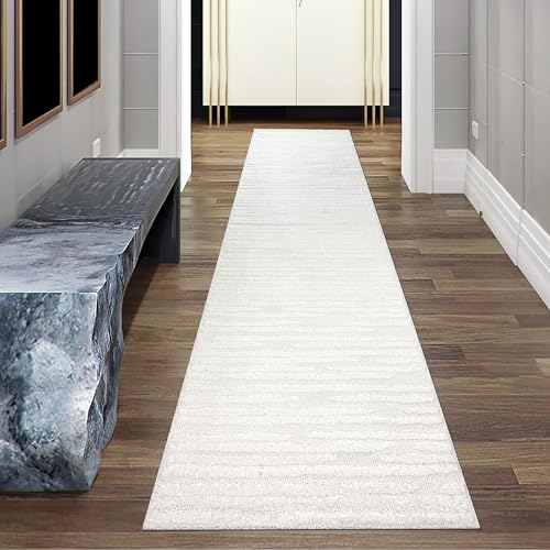 Teppich-Traum Teppich Wohnzimmer Teppichläufer Flur Gang Garderobe hell langlebig schön weich gestreift Creme, 80 x 300 cm