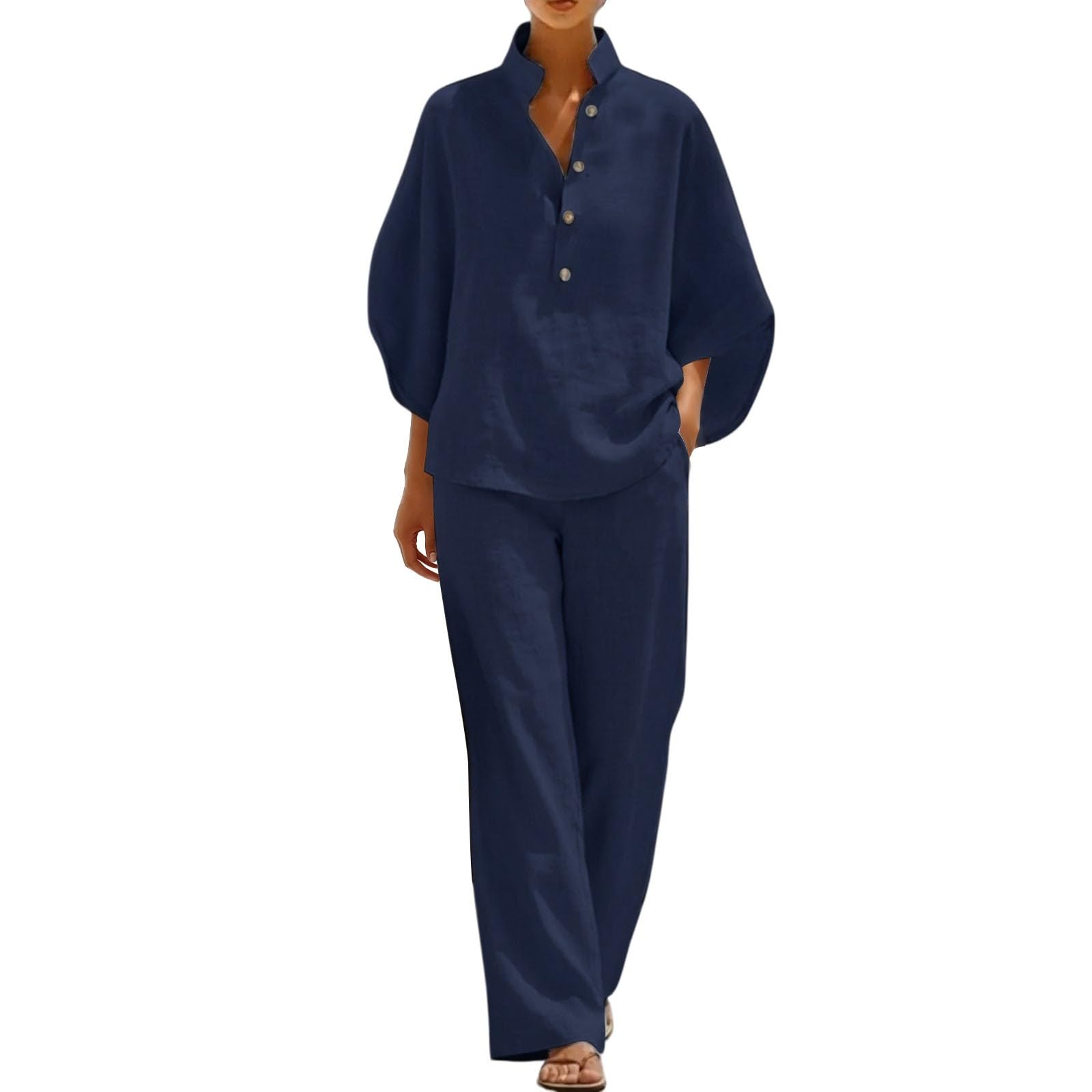 Conjunto Mujer Dos Piezas Verano Elegante Lino Casual Cómodo Blusa Manga 3/4 y Pantalones Completo Talla Grande