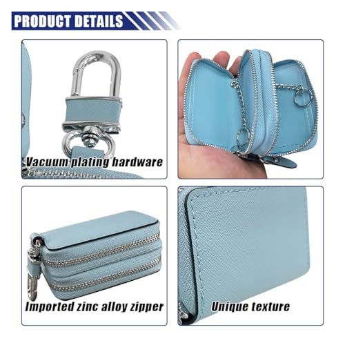 Image of BDZMC Car Key Case, Genuine Leather Car Keychain Holder, 2 Sides Pocket Car Key Fob Zipper Bag, Car Key Case for Women Men(Light Blue)