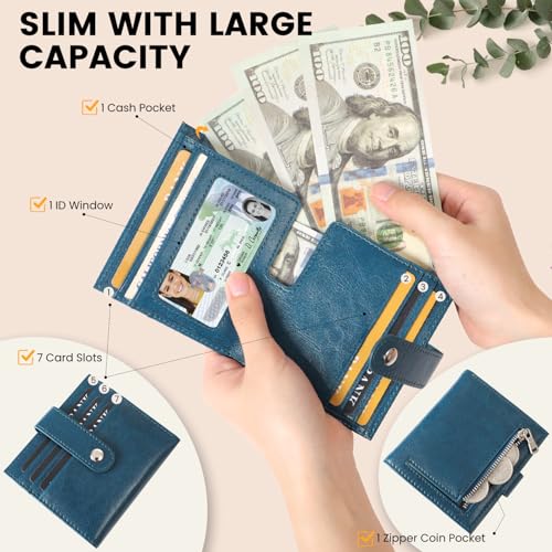 Women's Slim Leather RFID Blocking Bifold Wallet with Zipper Coin Pocket - Minimalist Small Credit Card Holder (Peacock Blue)2