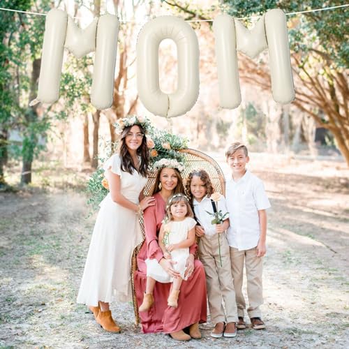 Image of 40 Inch Beige Mom Balloons for Mothers Day Decorations, Large Cream Mother's Day Mylar Foil Balloon Letter, Ivory White Sand Mom Alphabet Sign for Mama Birthday Baby Shower Party Decor Supplies