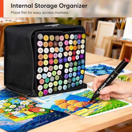 Image of Caliart Markers, 100 Colors Dual Tip Art Markers Sketch Pens Permanent Alcohol Based, with Case for Adults Artists Drawing Illustration Sketching Coloring (Black Barrel)
