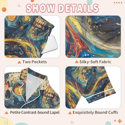 senya Human Skeleton Satin Summer Pajama Sets Silk Short Sleeve Button Down Sleepwear3