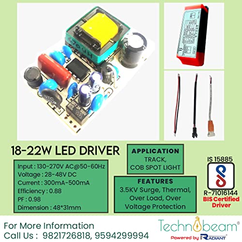 Image of TECHNOBEAM 20W driver,BIS certified Isolated driver 36V-500 mA with Red & Black wire at Output for COB light, Track light,Zoom light, (Pack of 10)