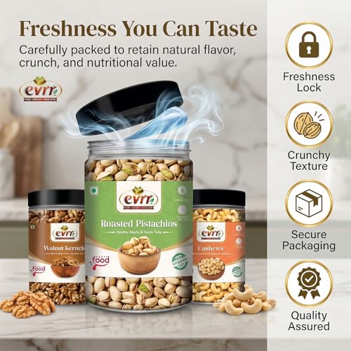 Image of EVRR Dry Fruits Combo 1kg (4 x 250g) | California Almonds, Cashews, Roasted Pistachios, Walnut Kernels | Premium Protein-Rich Mixed Nuts | Crunchy Fresh Healthy Snacks for Fitness, Weight Loss, Gifting, Festive Hampers, Kids, Adults | Non-GMO Vegan (1 kg)