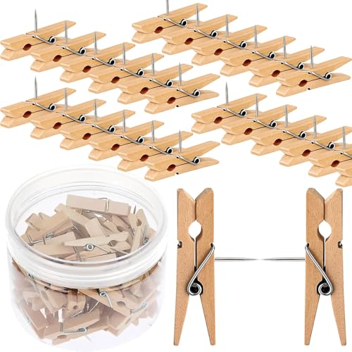 Chinchetas con Clips de Madera,50 Piezas Clips Chinchetas Tachuelas,Pinzas de Madera,Pinzas de Madera con Alfileres de Empuje de Papel para Oficina,Escuela,Hogar（3.5 * 0.7cm）