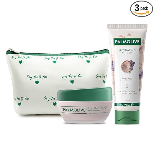 Palmolive Hydrating Range with Beauty Pouch | Gel Facewash 100 ml and Face Masque 100 ml combo, with 100% natural unique blend of Multani Mitti and Lavender Essential Oil – Suitable for All Skin Types at Rs. 286