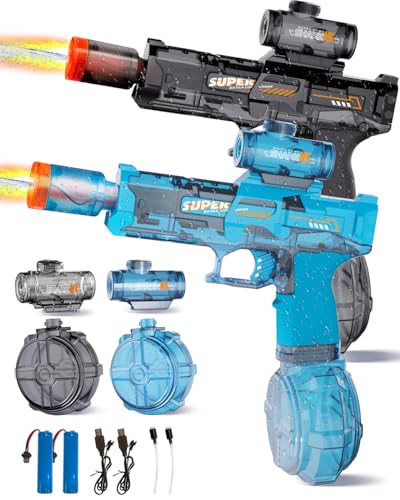 2 Piezas Pistola de Agua Eléctrica, Pistola de Agua Niños con Llama LED, Gran Capacidad Recargable Pistola de Agua Automática, Alcance 8-10 M, Exterior Juguetes para Niños 3+, Piscina, Playa, Fiesta