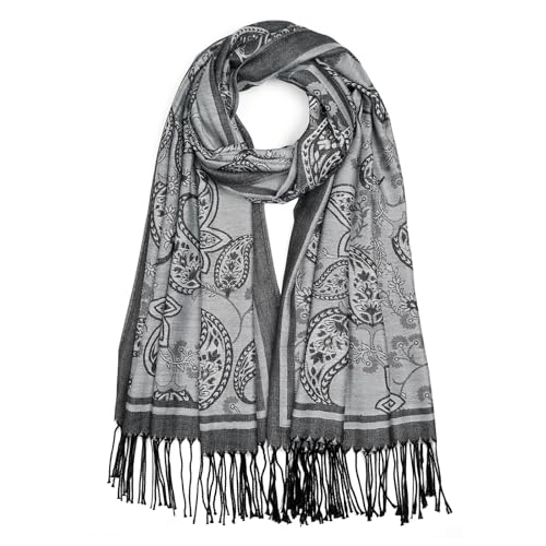 QIUTIMIY Paisley Pashmina Shawls and Wraps for Women Reversible Jacquard Festival Rave Pashmina Scarves with Fringe Vintage(Flower17-White Black)