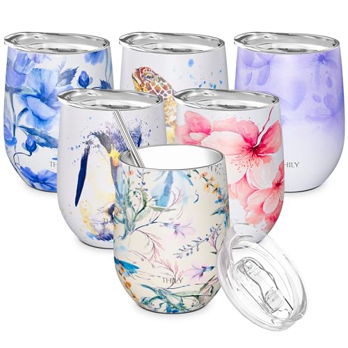 THILY Stainless Steel Insulated Wine Tumbler Stemless Wine Glass with Lid and Straw, Splash-proof...