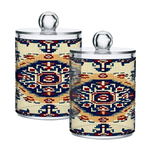 STAYTOP 2PCS Retro Ethnic Print Qtip Dispenser Apothecary Jars Bathroom with Labels - Qtip Holder Storage Canister Clear Plastic Acrylic Jar for Cotton Ball,Cotton Swab,Candy,offee