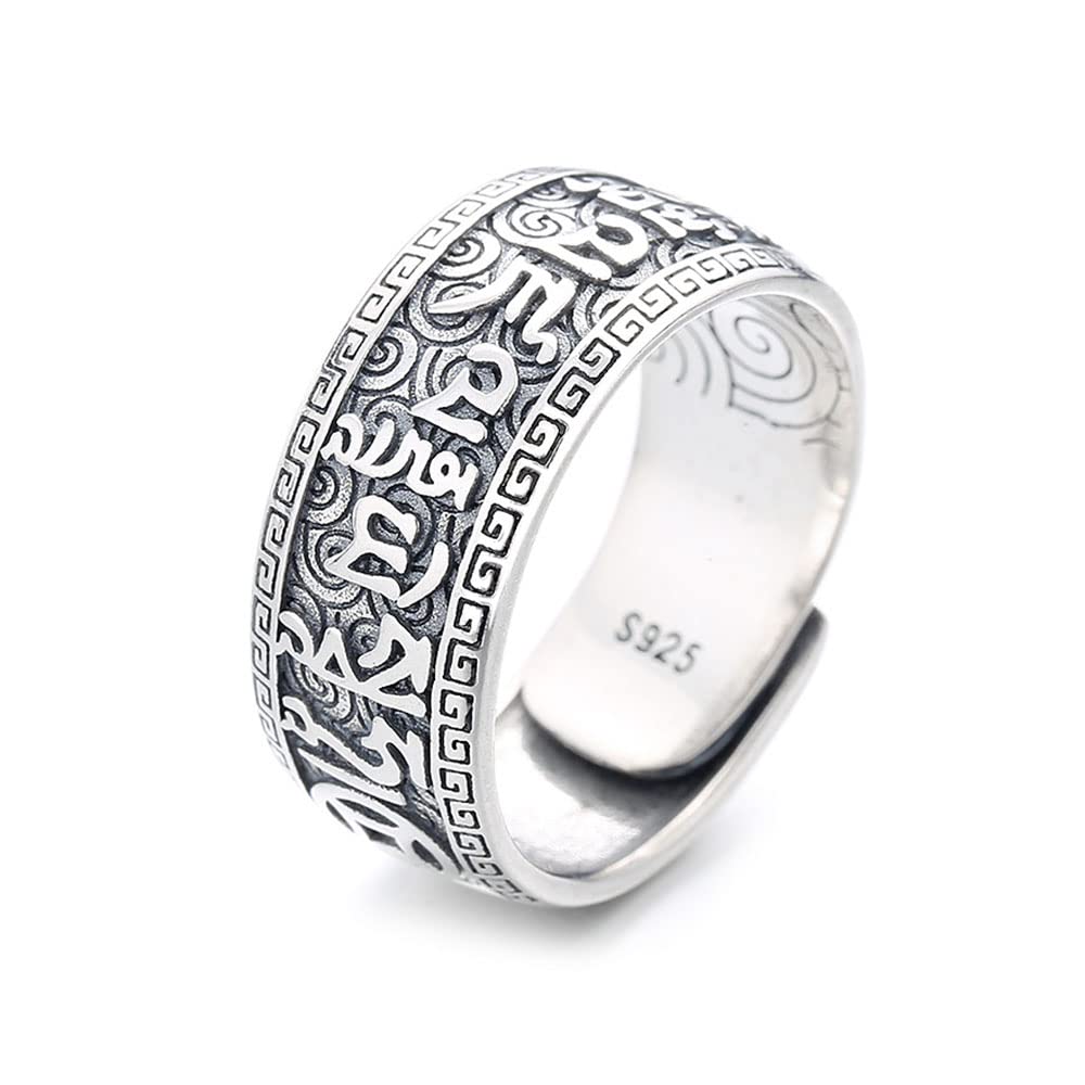925 Sterling Silber Muster geprägtes Sechs-Charakter-Mantra-Ring Exquisit Buddhist Wide Version Ring, tibetischer Amulett-Ring Unisex