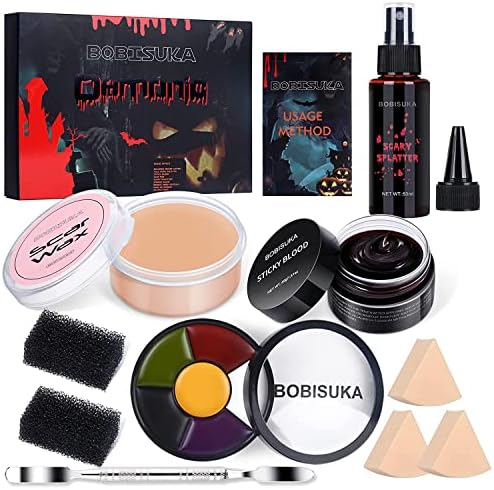 BOBISUKA Demonic Special Effects SFX Halloween Makeup Kit - 5 Colors Bruise Makeup Face Body Painting Palette + Scar Wax with Spatula Tool + Fake Blood Splatter Spray + Fake Blood Cream + Stipple Sponges