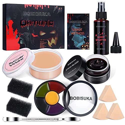 Bobisuka Demonic Special Effects Sfx Halloween Makeup Kit - 5 Colors Bruise Makeup Face Body Painting Palette + Scar Wax With Spatula Tool + Fake Blood Splatter Spray + Fake Blood Cream + Stipple Sponges #TOP3