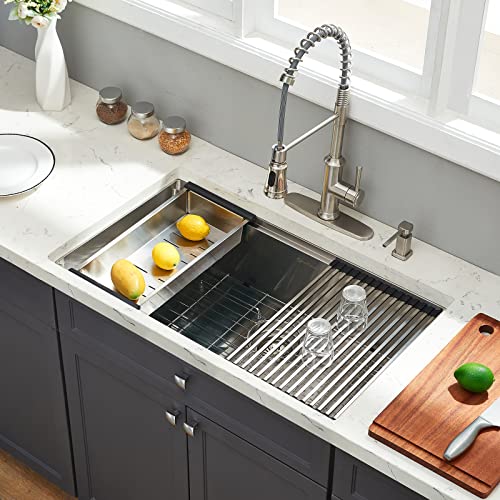 Ecochannels Undermount Kitchen Sink, 33 X 19 Inch Sink Kitchen 16 Gauge Stainless Steel Kitchen Sinks Single Bowl Workstation Sink With Cutting Board #TOP2
