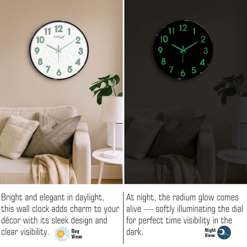 Image of RANDOM Modern 12.75INCH Wall Clock with 3D Radium Numbers, Silent Non-Ticking, Premium Black Frame, Metallic Face, Ultra Clear Glass