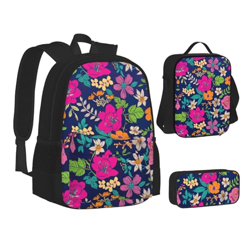 Flowers Print 3 Piece Set Backpack, Lunch Bag, Pencil Case, Cute Sturdy For College And Travel2