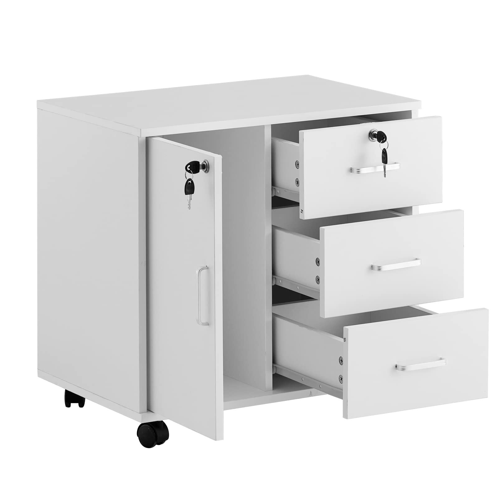 Rollcontainer Aktenschrank aus Holz, Abschließbar Büroschrank mit 3 Schubladen und Tür, Vertikale Büro-Aktenschränke mit Rollen für Büro Arbeitszimmer Wohnzimmer, 40×60×57 cm, Weiß