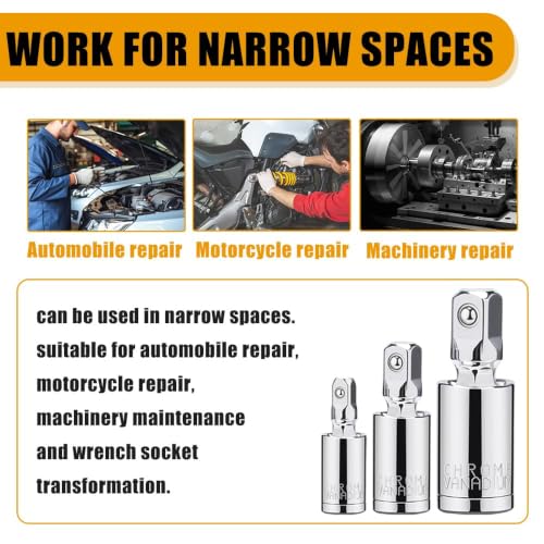 Image of Universal Joint Socket Adapter Set 3PCS, 1 /4 inch, 3 /8 inch, 1 /2 inch Drive Swivel Socket Adapters, 360 Flexible CR-V Steel Impact Socket Extension for Ratchet Wrench, Automotive, Motorcycle Repair
