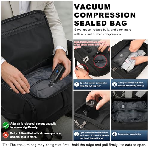 Vacuum Backpack Travel, 60L Expandable Vacuum Seal Compression Vacpack Backpack with Pump,17"Laptop Backpack, Waterproof Carry on Vacpack backpack for Men Women, Flight, Business &Travel, Black3