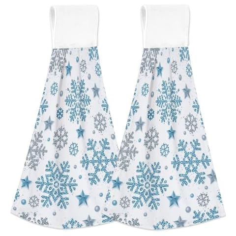 longlugoo Christmas Silver and Blue Glittering Snowflakes Hanging Kitchen Dish Towel 2 Pack Hand Towels Soft Coral Velvet Decorative Hand Towels with Loop for Bathroom Tie Towel Absorbent Dish Towels Cover