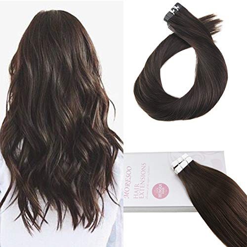Moresoo 22 Inch Tape on Hair Extensions Darkest Brown Color #2 50g/20pcs Straight Unprocessed Remy Human Hair with Invisible Tape Glue on Human Hair Extensions
