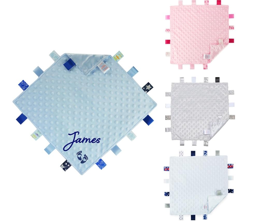 Teeny Buddens Baby Comforter Personalised Embroidered Taggy Taggie Security Blanket Satin Back Feet Design (Grey)