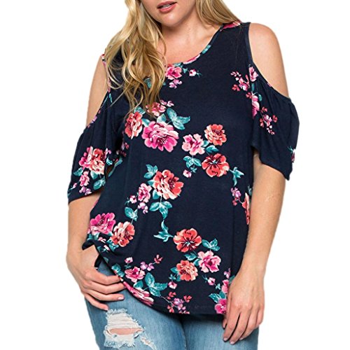 SHOBDW Camisetas de Mujeres de Talla Grande Impreso Floral Hombro Camisas la Atractiva Ocasional de Suelto Manga Corta de Blusa de Verano para Playa 5XL (4XL, Azul Oscuro)