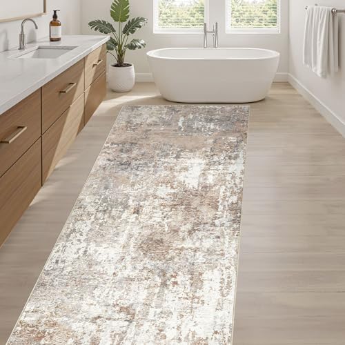 Runner Rug Kitchen Washable Rugs: 3x10 Non-Slip Abstract Soft Modern Stain Resistant Indoor Floor Neutral Accent Throw Carpet for Hallway Bathroom Laundry Room Entryway Bedroom- Brown