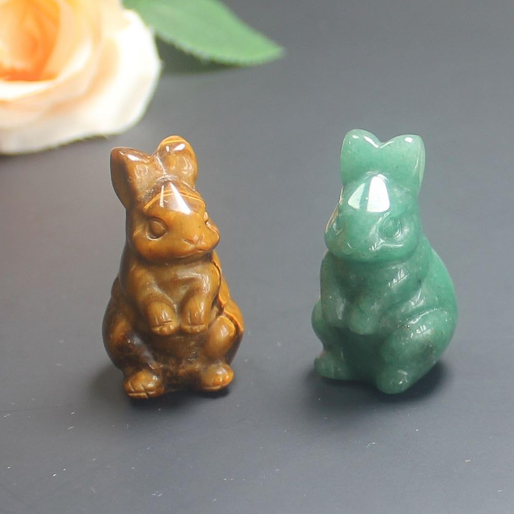 Cute Hand Carved Gemstone Crystal Rabbit Bunny Figurine Animal Carving Statue Home Decor 1.5'' (Gold+Green)