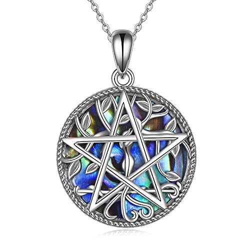 YFN Pentacle Pentagram Necklace Sterling Silver Abalone Shell Tree of Life Pentacle Pentagram Pendant Pagan Witch Jewelry Gifts for Women Men