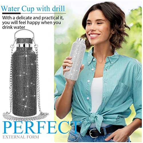 2 Pieces Bling Water Bottle Diamond Water Bottle Rhinestone Glitter Water Bottle with Chain Stainless Steel Thermal Bottle Bedazzled Refillable Water Bottle Gift for Women Girl (25 oz, Black, Silver) by Honeydak - Used condition - Image 6