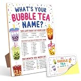 Bubble Tea Decorations for Birthday Party Game, What is Your Bubble Tea Name,6×8 Wooden Play Sign with Stand and 30 Name Stickers Set
