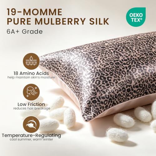 Image of THXSILK Set of 2 Natural Mulberry Silk Pillowcase Hypoallergenic Zipper Pillow Case - Grade 6A+ Real Mulberry Silk Pillowcase Organic Silk Pillow Case (Leopard Print, Queen Size 20 inchx30 inch)
