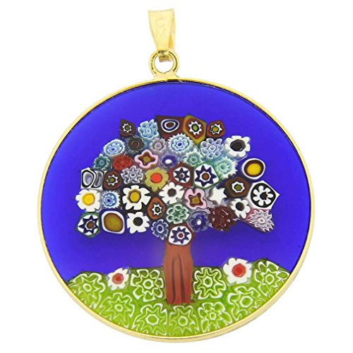 Glass Of Venice Colgante de Cristal de Murano Millefiori para Mujer, Redondo, Multicolor, árbol de la Vida sobre Azul, 32 mm, Marco y fianza de Plata de Ley .925 chapada en Oro